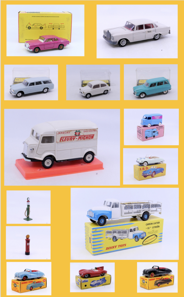 Corgi Toys Bentley Muliner Pink 274 Norev Peugeot 404 28 Ami 6 Break Citroen 2 Fiat 600 61 Tekno Mercedes 220 SE Taxi Norev Citroen 1200 kilo kg Fleury Michon 82 Solido Jaguar Type D USA 100 Dinky Toys Austin Atlantic 106 Dinky Toys P55 Laitier 586