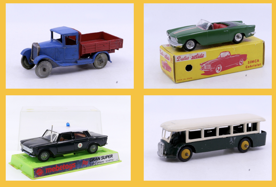 Mebetoys Fiat 1500 Vigili urbani A15 Dalia Simca Oceane Cabriolet 35 Dinky Toys GB Pick up 22C Dinky Toys Renault autobus parisien à plate forme 29DS bis