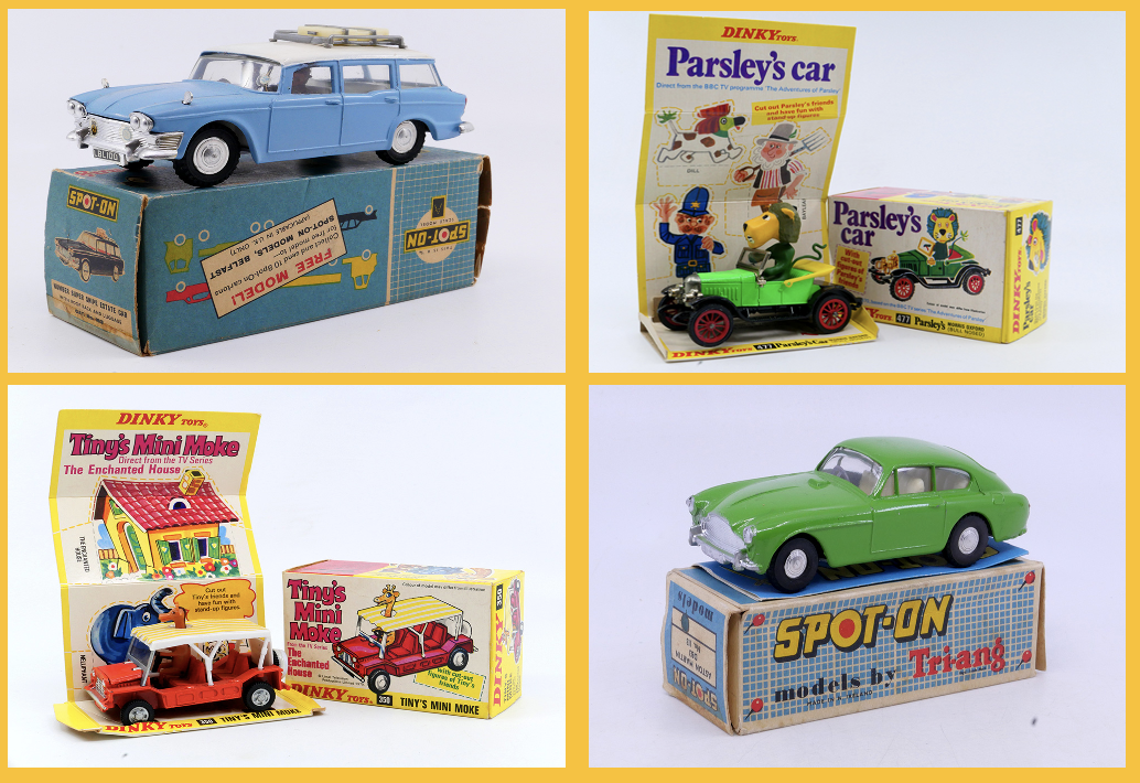 Spot On Aston Martin DB3 verte 113 Spot On Humber Super Snipe Break 183 Dinky Toys Morris Oxford ( bull nosed) "Parsley's car" Dinky Toys GB - Austin Moke Tiny's