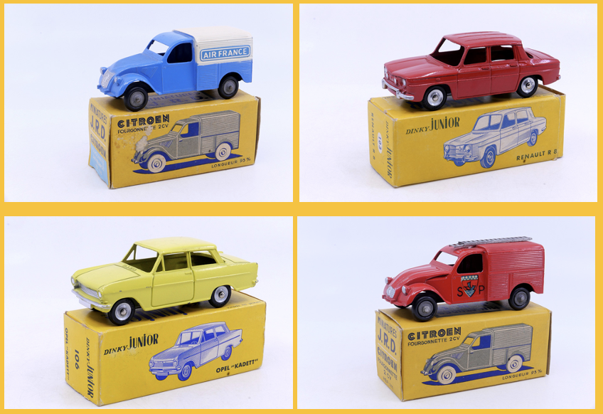 Dinky Toys Renault 8 Gordini Junior 103 Dinky Toys Opel Kadett Junior 106 JRD Citroen 2cv'51 pompiers 109 JRD Citroen 2cv'51 Air France 118