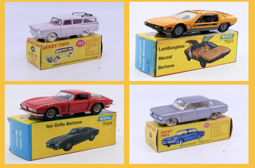 Edil Toys Lamborghini Marzal 13 Edil Toys Iso Grifo 12 Dinky Toys Afrique du Sud - Rambler Cross country break 193 Dinky Toys Afrique du Sud - Chevrolet Corvair 552