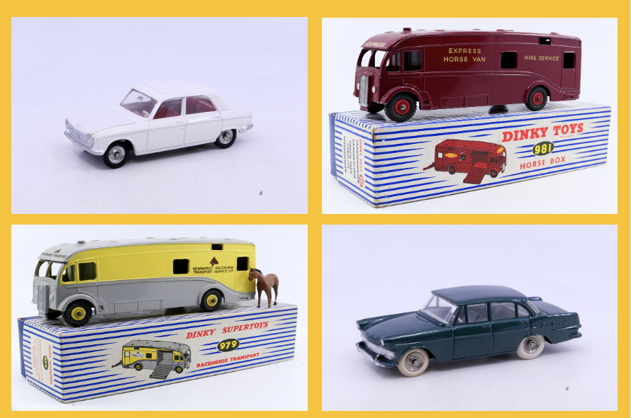 Dinky Toys GB - Express Horse Van 981 - Dinky Toys GB - Maudsley Newmarket race horse 979 - Dinky Toys Afrique du Sud - Opel Rekord 554 - Dinky Toys France - Peugeot 204 (promotionelle) 510