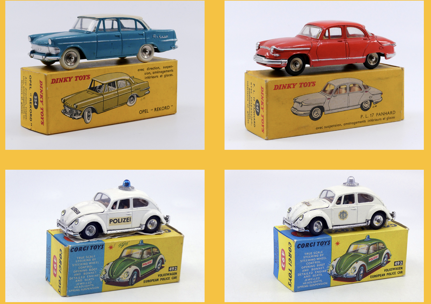 Corgi Toys - Volkswagen 1200'63 politie 492- Corgi Toys - Volkswagen 1200'63 polizei (Suisse Zürich) 492 - - Dinky Toys France - Opel Rekord 554 - Dinky Toys France - Panhard PL 17 547