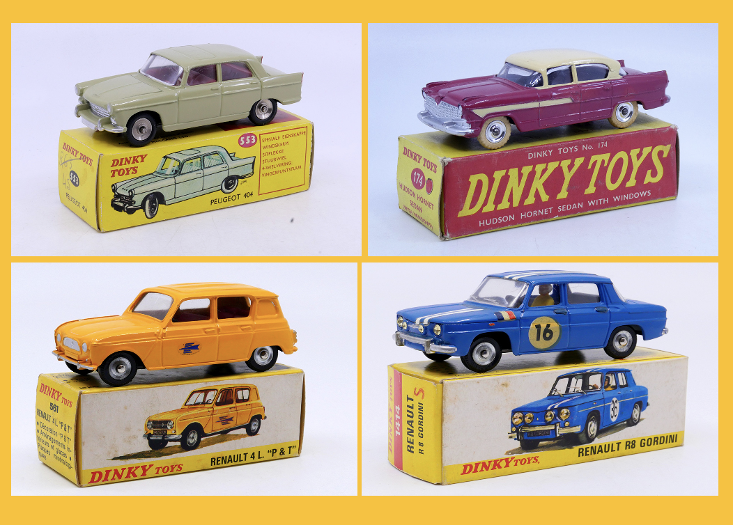 Dinky Toys Afrique du Sud - Peugeot 404 553 - Dinky Toys France - Renault 4L postes 561 - Dinky Toys France - Renault R8 Gordini 1414 Dinky Toys GB - Hudson Hornet 174