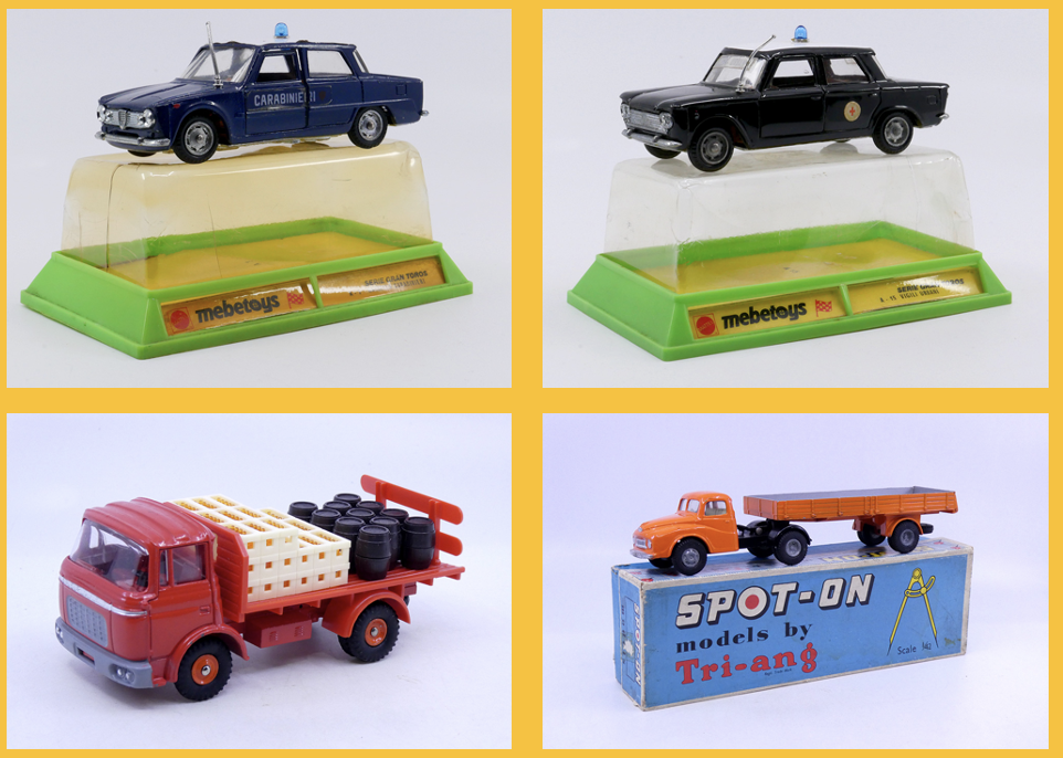 Mebetoys - Fiat 1500 urbani civetta A15- Mebetoys - Alfa Romeo Giulia TI Carabinieri A8 - Spot On - Austin Prime mover 106A:1 - Dinky Toys France - Berliet Gak brasseur kronenbourg 588K