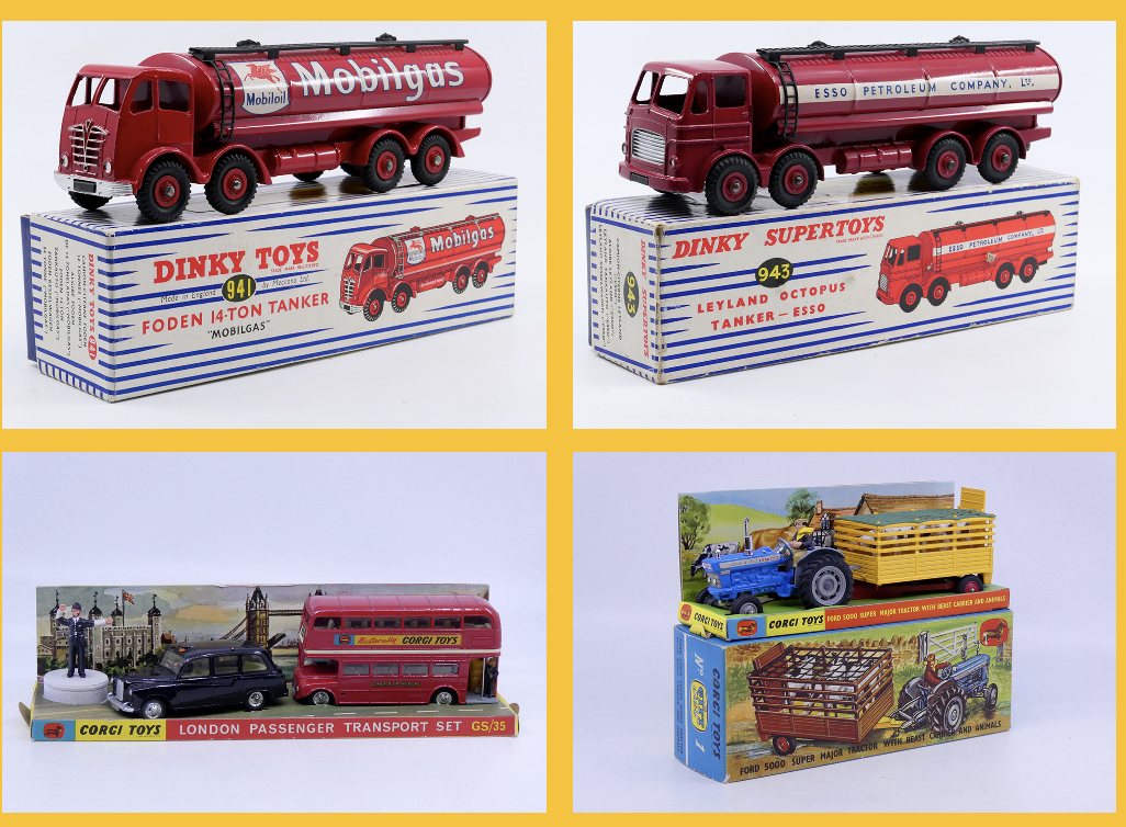 Dinky Toys GB - Foden Mk 2 citerne Mobilgas 941- Dinky Toys GB - Leyland Octopus citerne Esso 943 - Corgi Toys - Ford 5000 remorque bétaillère GS1 - Corgi Toys - coffret London passenger set GS35