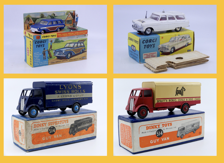 Dinky Toys GB - Guy otter fourgon Lyons 514 - Dinky Toys GB - Guy Otter fourgon tôlé Spratts 514- Corgi Toys - Ford Zephyr break politie 419 - Corgi Toys - Ford Consul cortina break 440