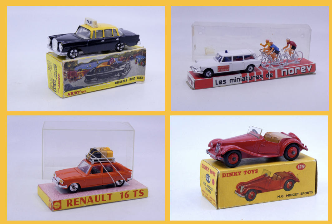 Nicky Toys - Mercedes 220se taxi 051 Dinky Toys GB - MG Midget sports 129 - Minialuxe - Renault 16 Shell - Norev - coffret ambulance cycliste 211