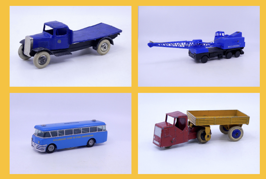 Tekno - Volvo car spaarbank voor de stad amsterdam-Raphael Lipkin - Coles grue mobile 20t Pickfords- Dinky Toys GB - Camion d'entrepôt semi remorque ridelles - Dinky Toys GB - Camion type 1 plateau