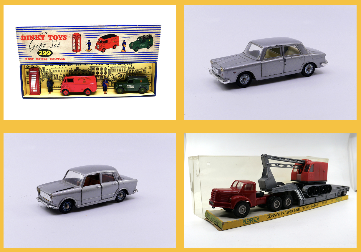 Dinky Toys GB - Morris Coffret Post Office Service 299 - Mebetoys - Lancia Flavia A6 - Mebetoys - Fiat 1100 R A9-Norev - Berliet TBO tracteur semi remorque porte engin avec pelle 115