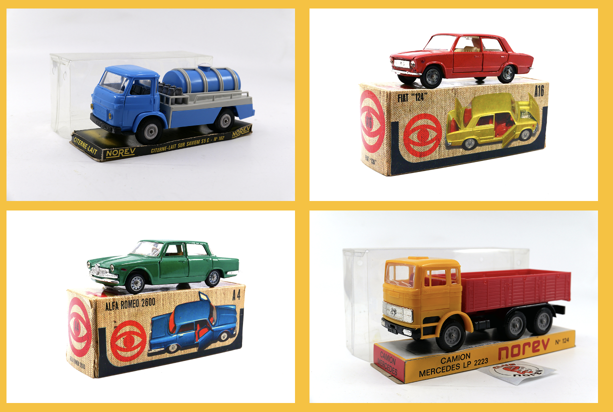 Norev - Saviem S5C citerne transport de lait - Mebetoys - Fiat 124 A16 - Mebetoys - Alfa Romeo 2600 A4 Norev Mercedes LP2223 Ridelles