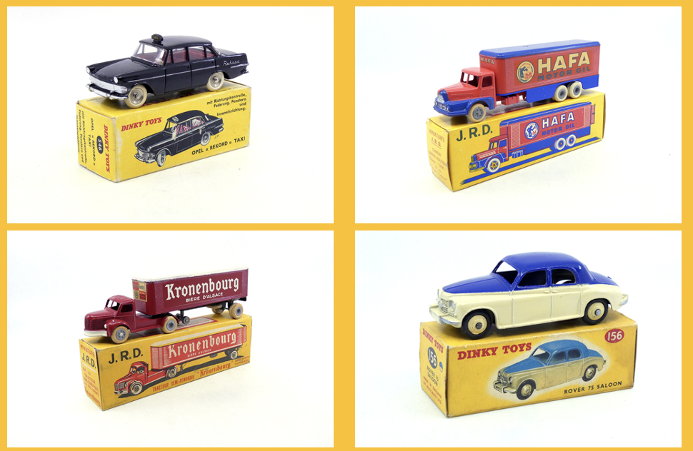 Dinky Toys France - Opel Rekord taxi 546 - JRD - Unic - Lautaret fourgon Hafa 126 - JRD - Berliet TLR semi fourgon Kronenbourg 120 - Dinky Toys GB - Rover 75 berline bicolore 156