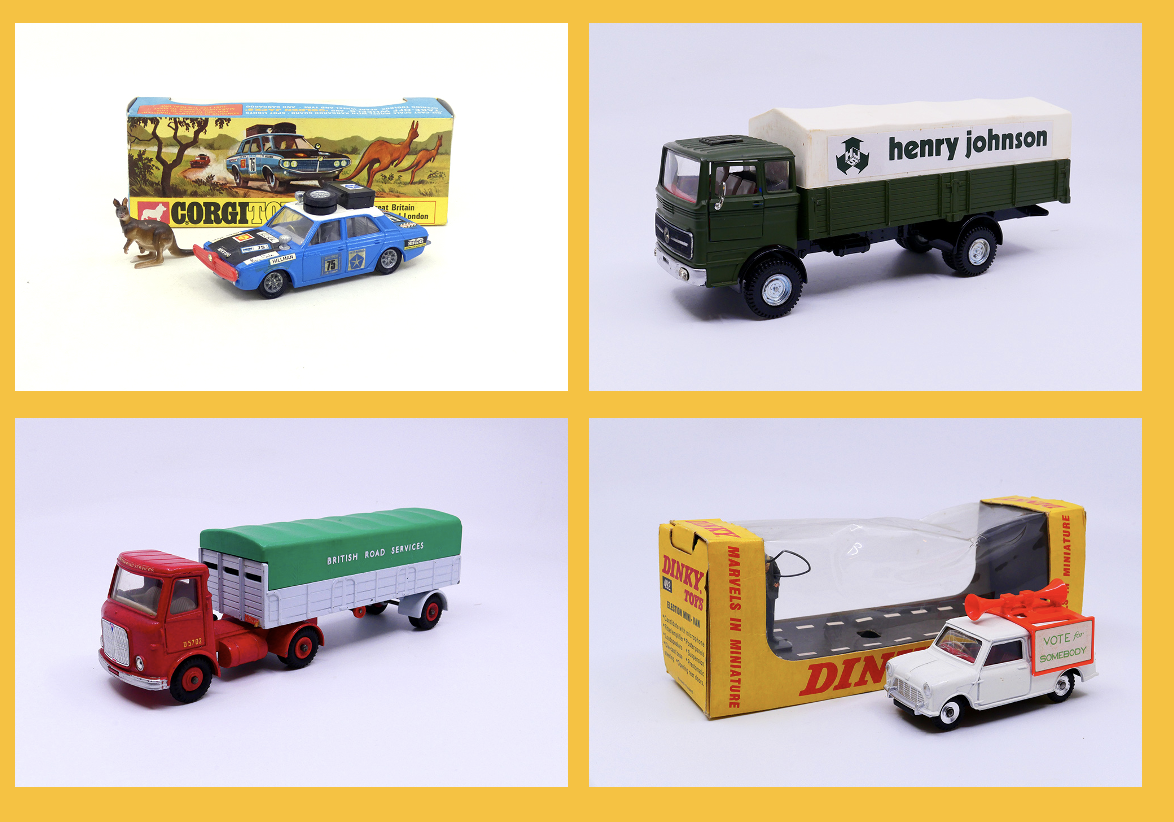 Corgi Toys - Hillman Hunter rallye Londres SydneyDinky Toys GB - Mercedes LP1920 ridelles bâché"Henry Johnson" - Dinky Toys GB - AEC Hoynor tracteur semi remorque bâché British Road Service - Dinky Toys GB - Morris Mini van break Vote for somebody