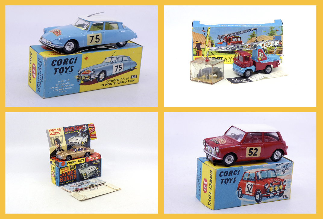 Corgi Toys - Citroën DS19 rallye de Monte Carlo 1965 323 - Corgi Toys - Scammel Handyman MK2 grue Chipperfields 1144 - Corgi Toys - Aston Martin DB5 James Bond 261 Corgi Toys - BMC Mini rallye Monte Carlo 1964 317