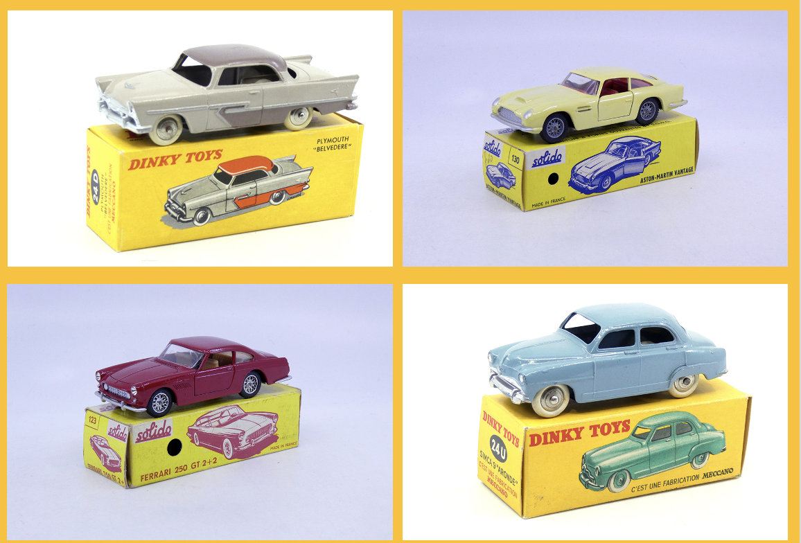 Dinky Toys France - Plymouth Belvedere 24D - Solido - Aston Martin DB5 130 - Solido - Ferrari 250GT 2+2 123 -Dinky Toys France - Simca Aronde Elysée 24U