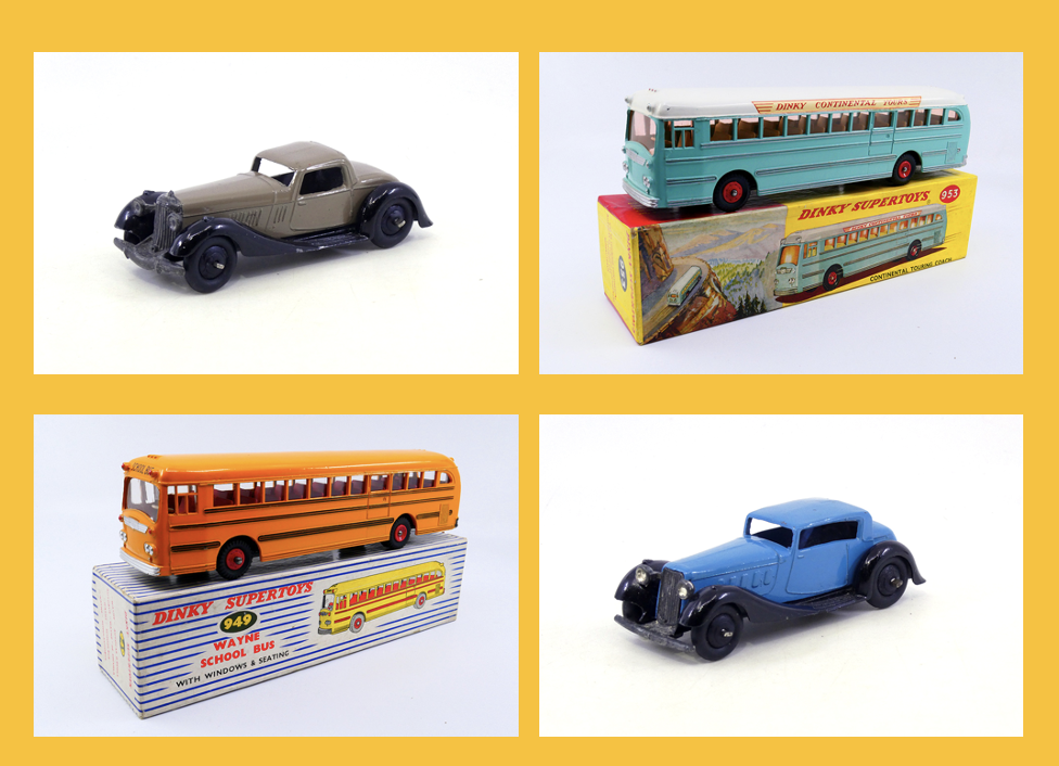 Dinky Toys GB - Bentley coupé 36B - Dinky Toys GB - Wayne car de tourisme Continental Touring 953 - Dinky Toys GB - Wayne car school bus 949 - Dinky Toys GB - Humber Vogue 36C