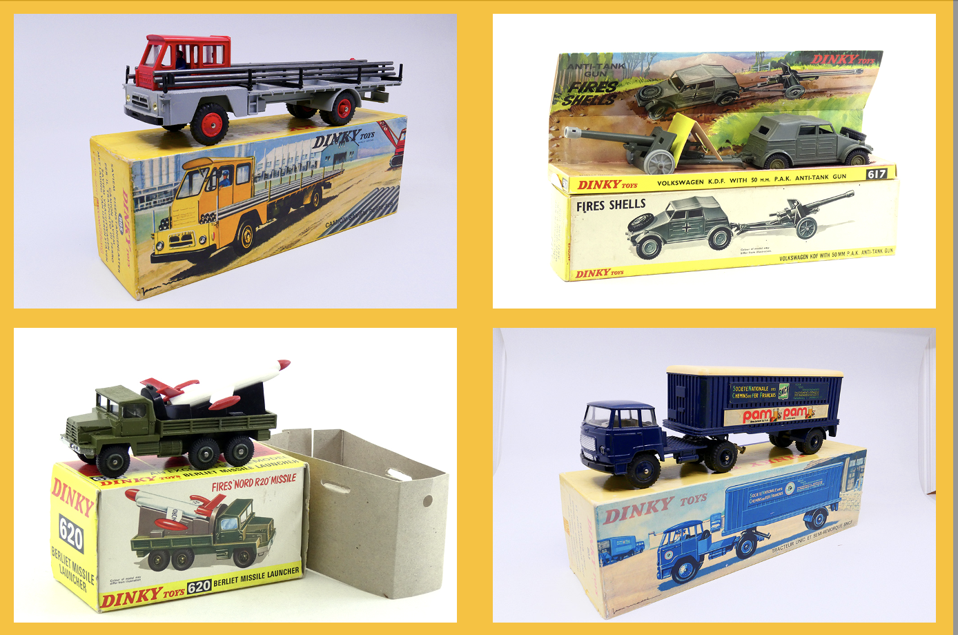 Dinky Toys France - Saviem Sinpar porte fers 885 - Dinky Toys GB - Berliet gazelle avec missile R20 - Vapé - Volkswagen KDF avec canon anti char P.A.K 617 -Dinky Toys France - Unic Estérel semi fourgon SNCF Pam Pam 803