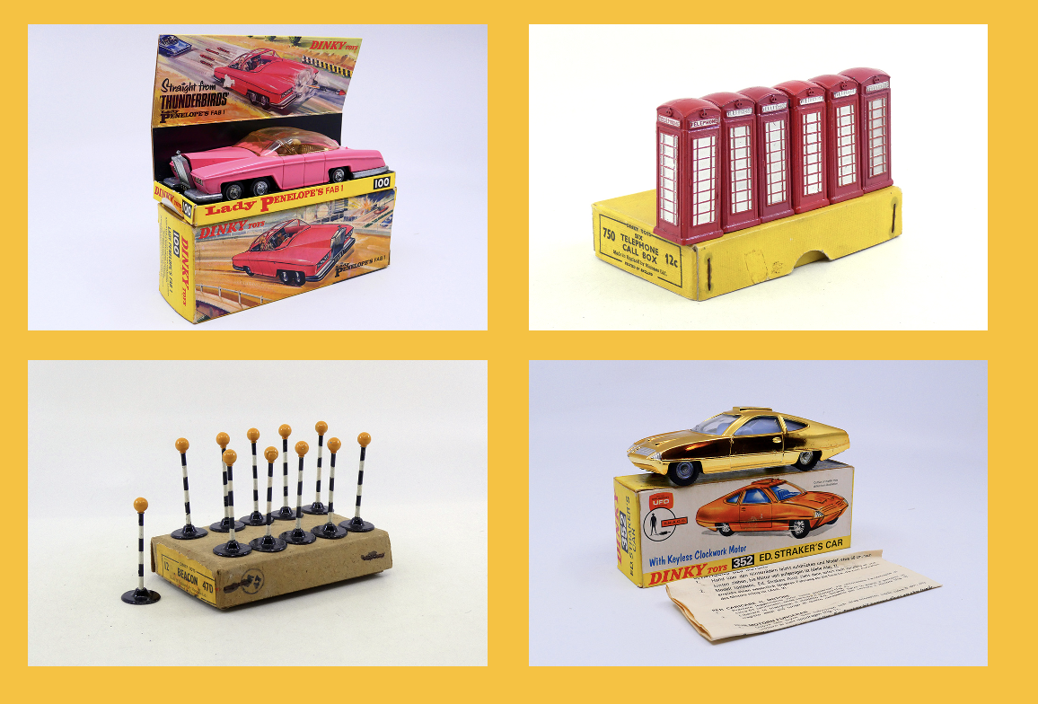Dinky Toys GB - Auto Lady Penelope Fab1 100 - Dinky Toys GB - Boîte 6 cabines de téléphone 750 - Dinky Toys GB - Boîte 11 Belisha beacon Dinky Toys GB - Auto Ed.Straker's car 352