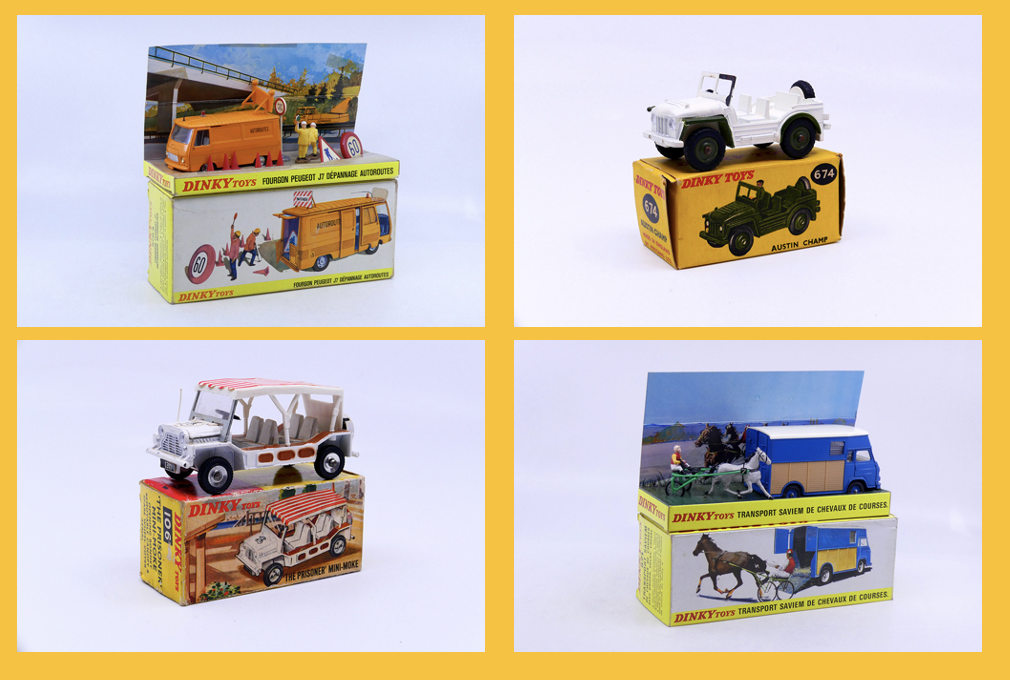 Dinky Toys France - Peugeot J7 autoroutes Dinky Toys France - Dinky Toys GB - Austin Champ UN - Dinky Toys GB - Austin Moke the prisoner - Saviem SB2 Goélette avec sulky-