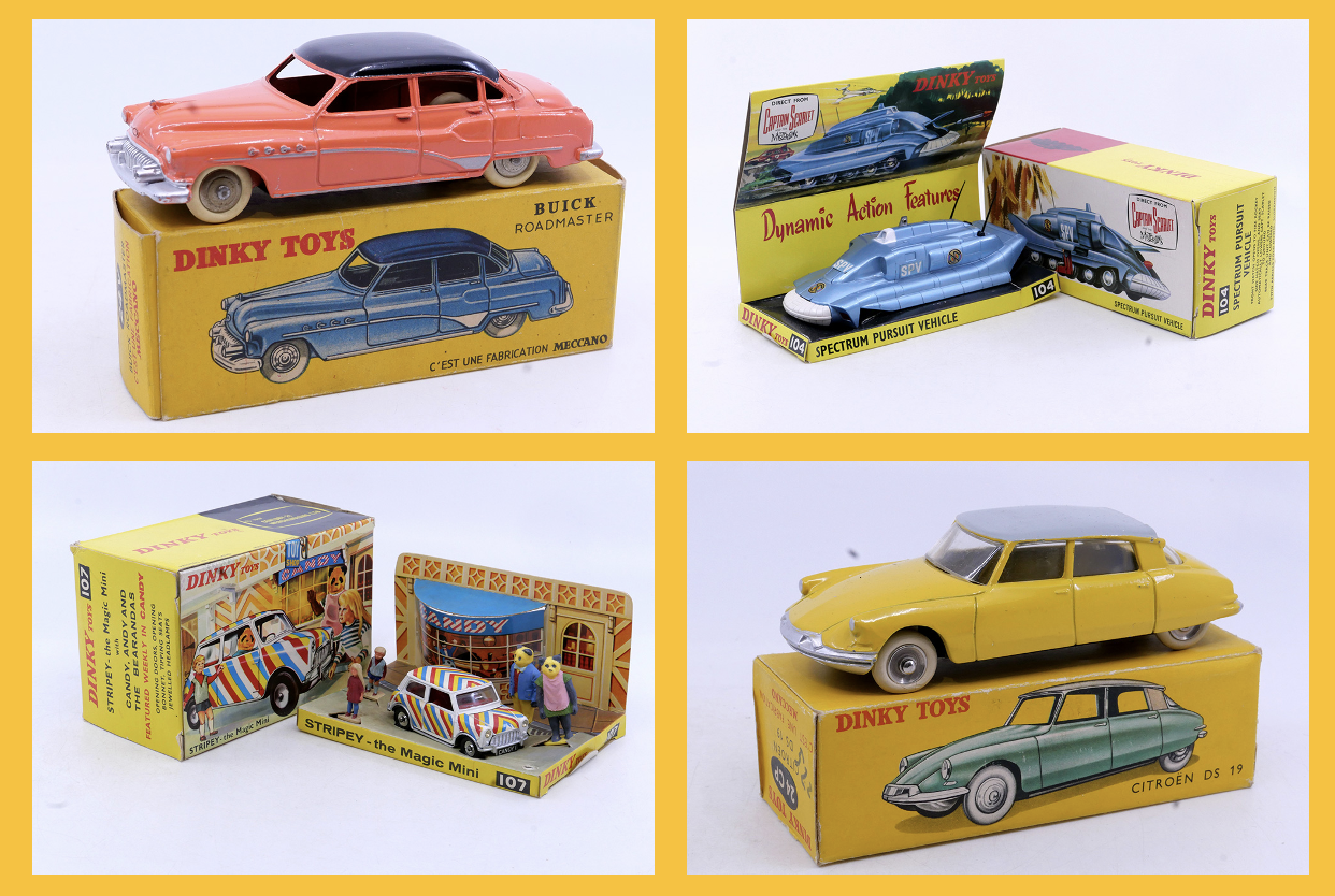 Dinky Toys France - Buick Roadmaster 24V - Dinky Toys GB - Engin Spectrum Pursuit Captain Scarlet 104 - Dinky Toys GB - Austin Mini Stripey the magic Mini 107 - Dinky Toys France - Citroën DS19 avec vitre 24CP