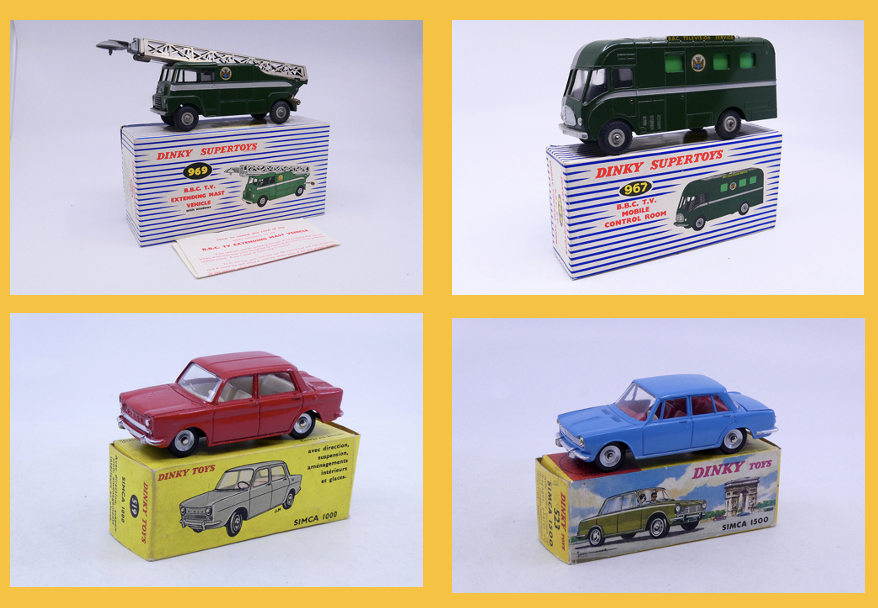 Dinky Toys GB - Bedford S camion avec mat extensible BBC 969 - Dinky Toys GB - Karrier fourgon retransmission BBC 967 - Dinky Toys France - Simca 1000 519 - Dinky Toys France - Simca 1500 523 -