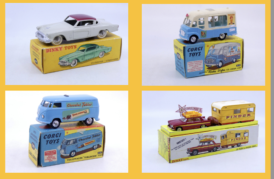 Dinky Toys France - Studebaker Commander 24Y- Corgi Toys - Commer fourgon vente de glaces"Mister Softee" 428 - Corgi Toys - Volkswagen Kombi Chocolat Tobler 441 - inky Toys France - Peugeot 404 avec caravane Pinder 882