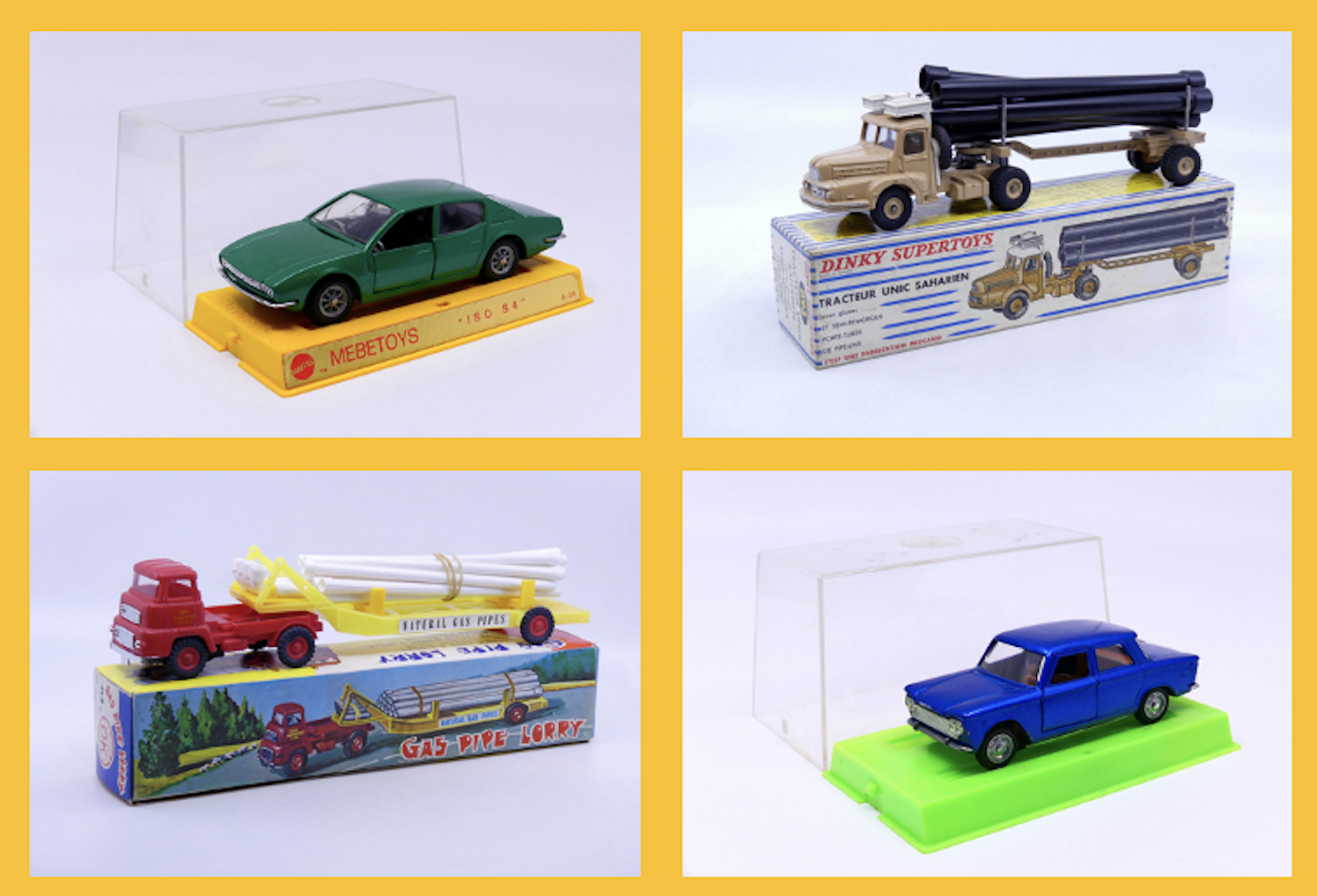 Mebetoys - Iso S4 Berline A30Dinky Toys France - Unic semi remorque porte tubes 893 - OK - Albion semi remorque porte pipe line 3758 - Mebetoys - Fiat 1500 A2