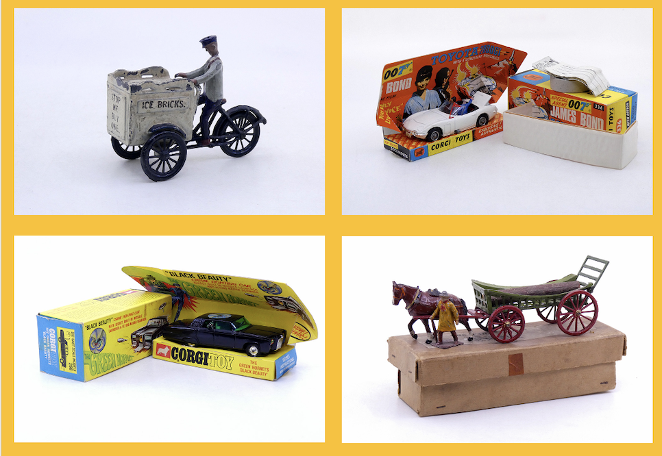 Taylor and Barret - Vélos triporteur vendeur de glaces - Corgi Toys - Toyota 2000 GT James Bond 336 - Corgi Toys - Auto Black Beauty 268 -Charbens - attelage hippomobile type farm wagon