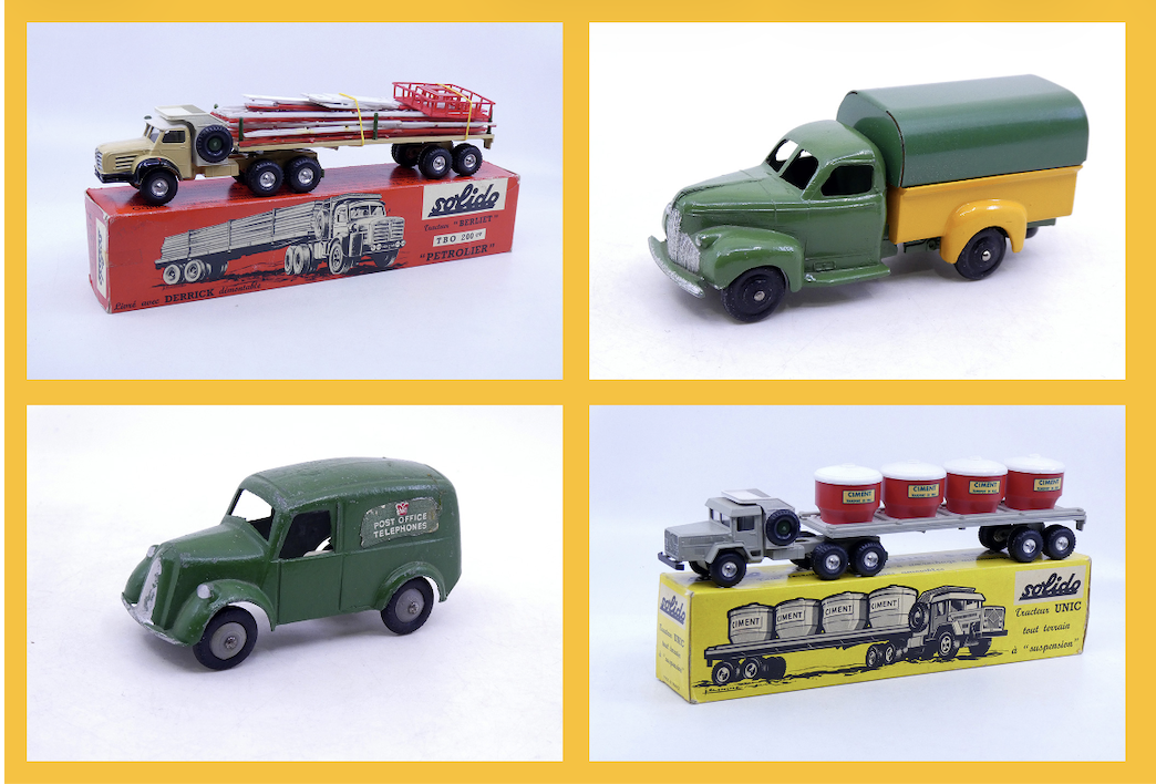 Solido - Berliet TBO 200cv semi remorque plateau avec derrick 300 - Dinky Toys France - Studebaker camionnette bâché type 1 25Q - Charbens - Morris fourgonnette post office telephones Solido - Unic Sahara semi remorque citerne Ciment 301