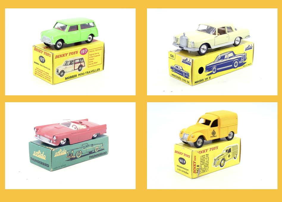Dinky Toys GB - Morris Mini traveller 197 - Solido - Mercedes 220se -Solido - Ford Thunderbird cabriolet 113B - Dinky Toys France - Citroën 2cv camionnette Wegenwacht 562H
