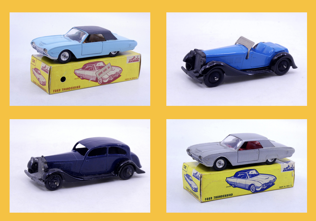 Solido - Ford Thunderbird coupé 128 -Dinky Toys GB - British Salmson 2 places 36G - Dinky Toys GB - Rolls Royce berline aérodynamique 30B - Solido - Ford Thunderbird coupé 128