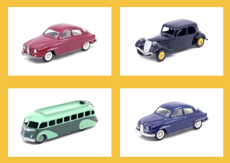 Tekno - Saab 96 type 2 - Dinky Toys France - Citroën 11BL 24N - Dinky Toys France - Isobloc car de voyage 29E - Tekno - Saab 96 type 2