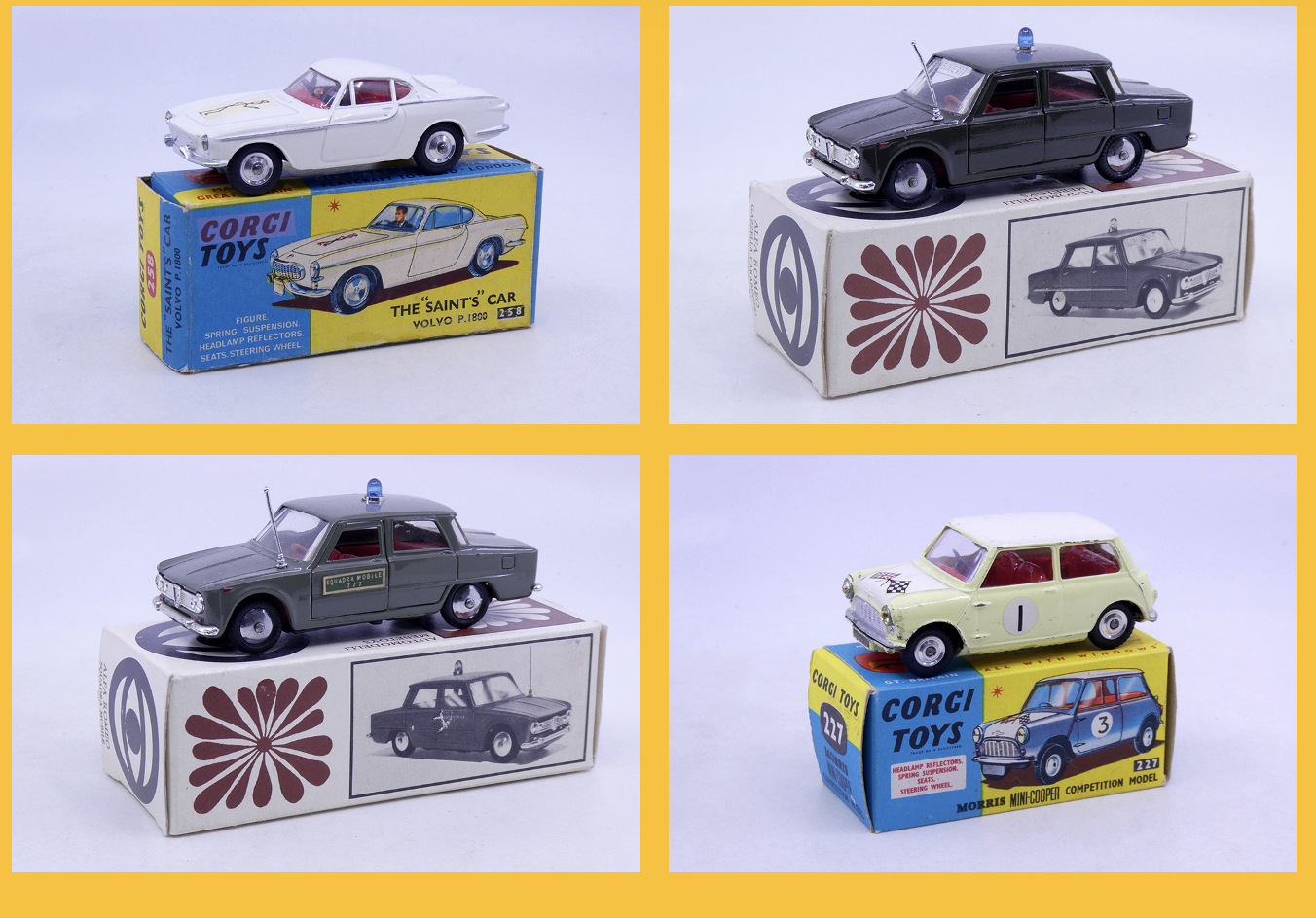 Corgi Toys - Volvo P1800 Le Saint 258 - Mebetoys - Alfa Romeo Giulia TI carabinieri "gazzella" Carabinieri A7 - Mebetoys - Alfa Romeo Giulia Ti squadra mobile 777 A8 - Corgi Toys - Morris Mini Cooper compétition 227