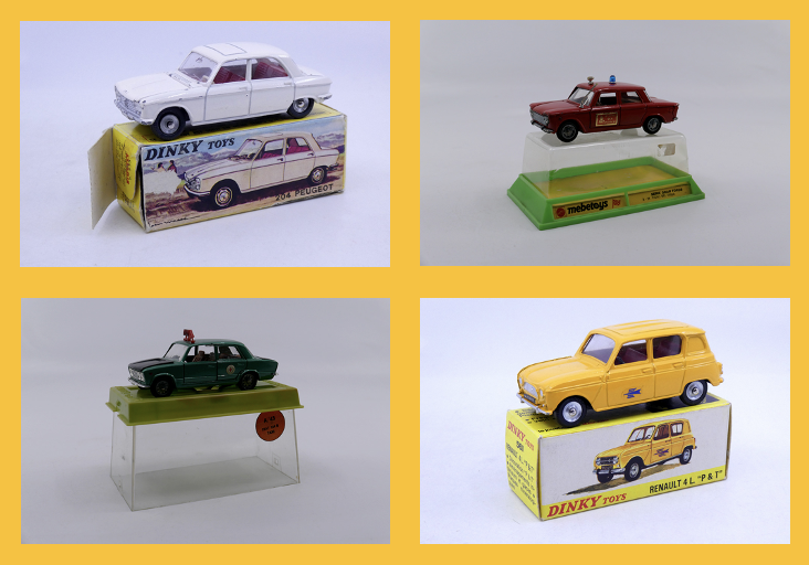 Dinky Toys Poch - Peugeot 204 510 - Mebetoys - Fiat 1500 Vigili del Fuoco A21 - Mebetoys - Fiat 124 S Taxi de Milan A43 - Dinky Toys France - Renault 4 postes 561