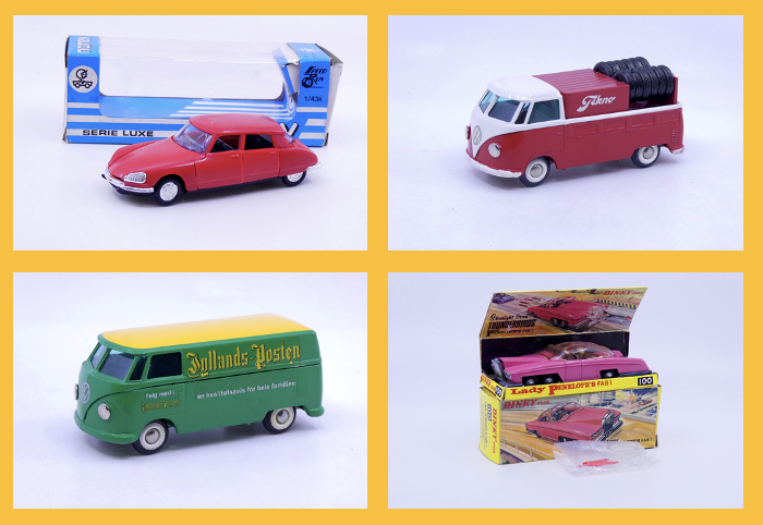Norev - Citroën DS21 158 - Tekno - Volkswagen pick up Tekno 410 - Tekno - Volkswagen Kombi JyllandsPosten 410 - Dinky Toys GB - Auto Lady Penelope Fab1