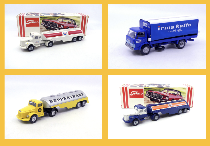 Tekno - Scania 110 semi remorque citerne Esso 481Tekno - Tekno - Volvo N88 Titan semi remorque citerne Koppartrans 434 Ford D800 bâché Irma Kaffee - Tekno - Scania 110 semi remorque citerne Gulf 481