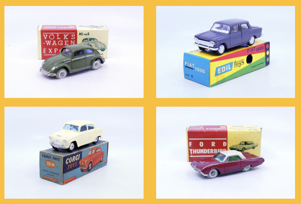 Cherryca Phenix - Volkswagen 1200'58 8 - Edil toys - Fiat 1500 6 - Corgi Toys - Austin Cambridge mécanique 201 M- Cherryca Phenix - Ford Thunderbird coupé 15