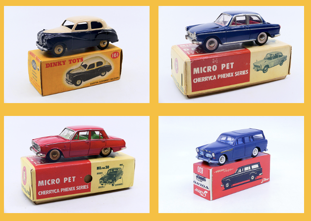 Dinky Toys GB - Austin Sommerset bicolore 161 - Cherryca Phenix - aihatsu Berlina 41 - Cherryca Phenix - Isuzu Bellett 30 - Tekno - Volvo 121 break vitré 830