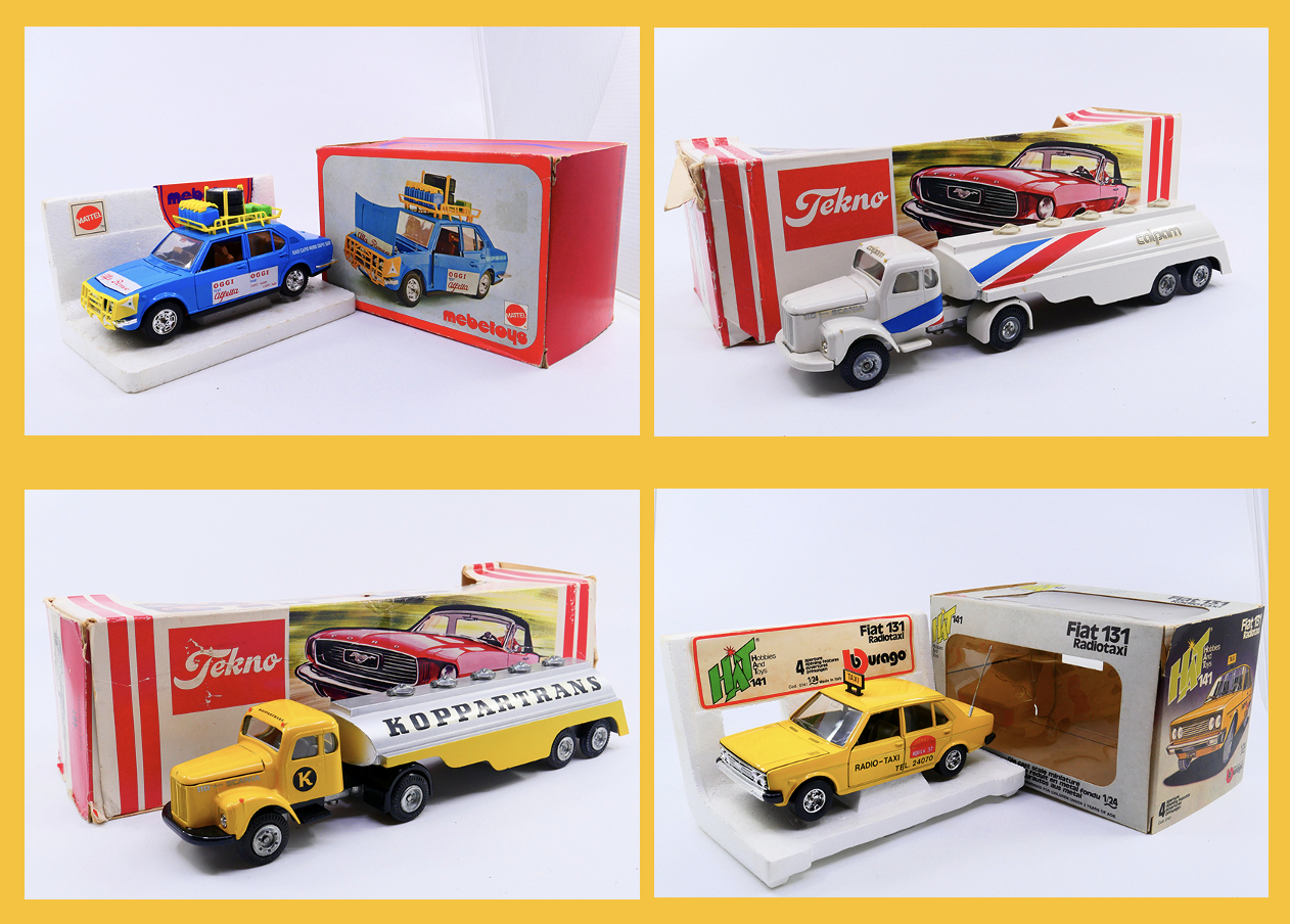 Mebetoys - Alfa Romeo Alfetta Nord Nord-Capo Sud 8571 - Tekno - Scania 110 semi remorque citerne Calpam Chevron 481 - Tekno - Scania 110 semi citerne Koppartrans 481 Burago - Fiat 131 Taxi Radio 0141