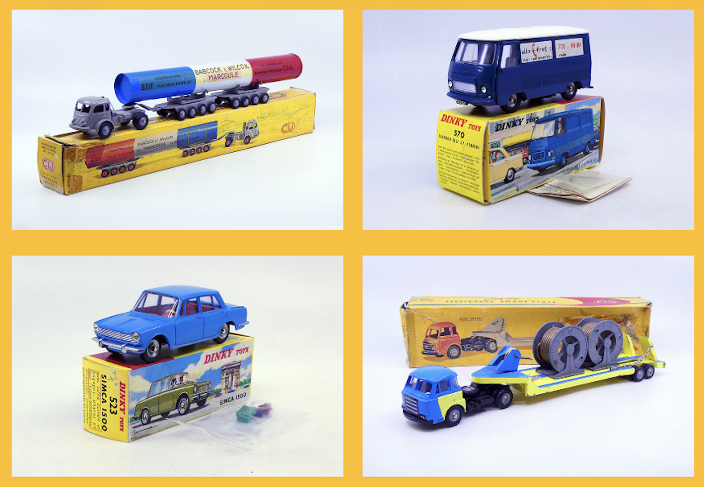 C.I.J. - Renault 120cv transports exceptionnels Bourgey Montreuil 3-75 - Dinky Toys France - Peugeot J7 fourgon Allo Fret 570- Dinky Toys France - Simca 1500 C.I.J. - Saviem JL20 tracteur semi remorque plateau surbaissée avec bobines de câbles 4-75