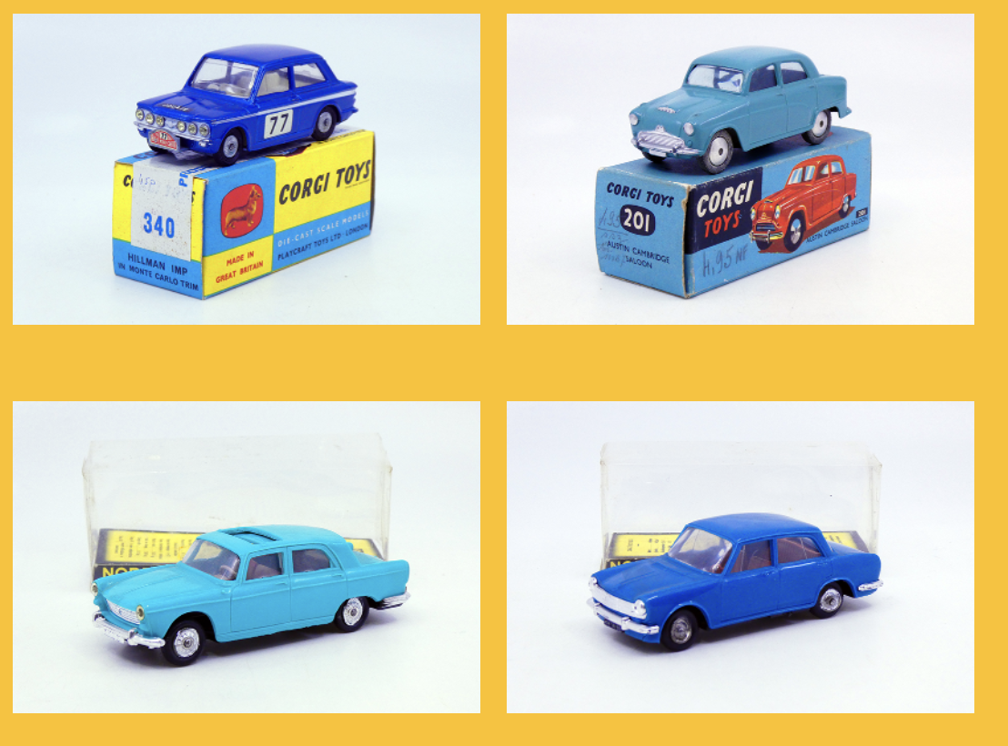 Corgi Toys - Hillman Imp rallye de Monte Carlo 1967 340 - Corgi Toys - Austin Cambridge 201 - Norev - Simca 1500 79- Norev - Peugeot 404 51