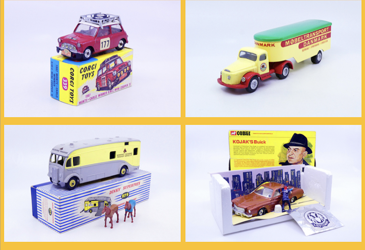 Corgi Toys - BMC Mini rallye Monte Carlo 1964 339 - Tekno - Volvo N88 semi fourgon tôlé Mobeltransport Danmark 435 - Dinky Toys GB - Maudsley camion transport de chevaux Newmarket race horse 979 Corgi Toys - Buick Regal Kojak's 290