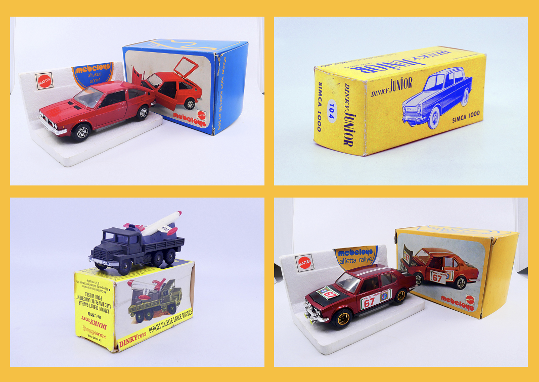 Mebetoys - Alfa Romeo AlfaSud Sprint 8616 - Dinky Toys France - Simca 1000 junior 104 - Dinky Toys France - Berliet Gazelle avec drone Nord R-20 816 Mebetoys - Alfa Romeo Alfetta Rallye Internazionale 8584