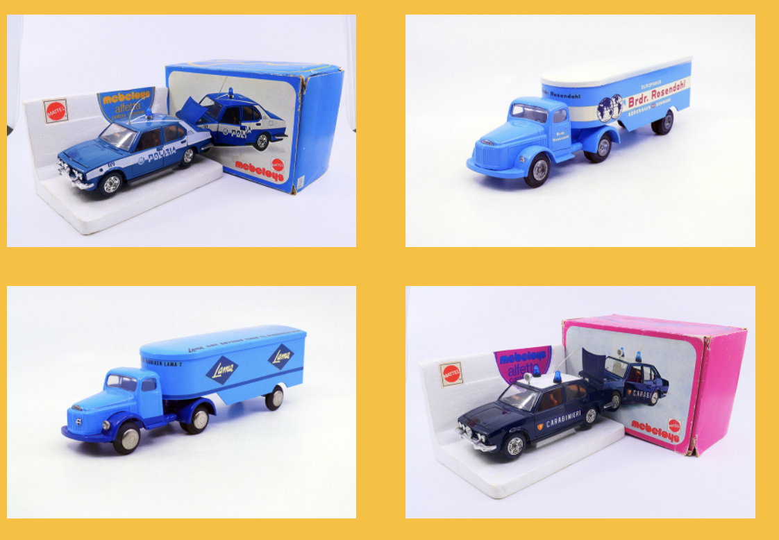 Mebetoys - Alfa Romeo Alfetta Polizia Stradale 8583- Tekno - Volvo N88 semi fourgon Brdr Rosendahl 434 - Tekno - Volvo N88 semi fourgon Lama 435 - Mebetoys - Alfa Romeo Alfetta Carabinieri 8567