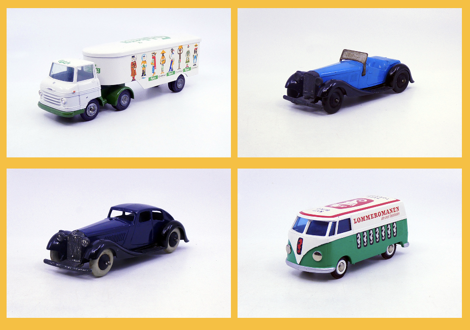 Tekno - Volvo Express semi remorque Carlsberg 458 - Dinky Toys GB - British Salmson torpédo 2 places 36G - Dinky Toys GB - Rover coupé aérodynamique 36D - Tekno - Volkswagen Kombi Lommeromanen 405