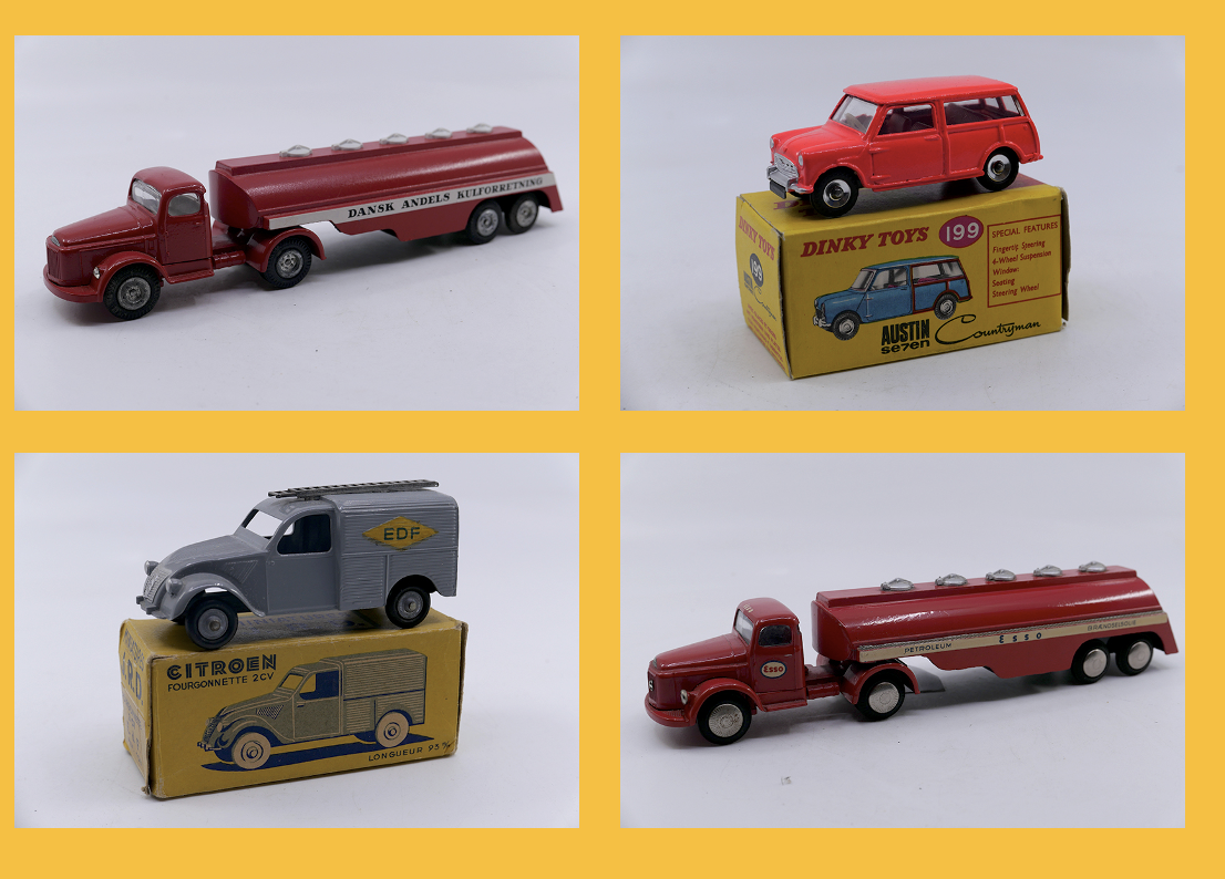 Tekno - Volvo N88 semi citerne Dansk Andels Kulforretning 434 - Dinky Toys GB - Austin Seven countryman 199 - JRD - Citroën 2cv'51 fourgonnette EDF 108 Tekno - Volvo N88 semi remorque citerne Esso 434