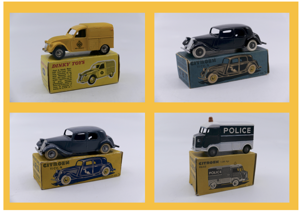 Dinky Toys France - Citroën 2cv fourgonnette Wegenwacht 562H- JRD - Citroën 11cv traction avant noir 112 - JRD - Citroën 11cv traction avant grise 112- JRD - Citroën 1200Kgs fourgon police 106P
