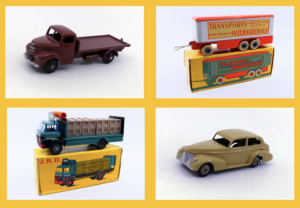 Dinky Toys GB - Fordson Thames plateau 422 - Remorque tôlée transports internationnaux 129 Dinky Toys GB - JRD - Berliet Gak brasseur Préfontaines - Oldsmobile Six (pare brise panoramique) 39B