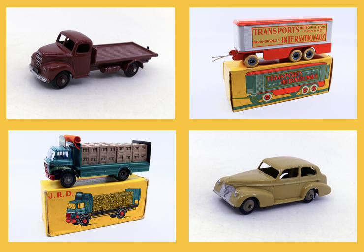 Dinky Toys GB - Fordson Thames plateau 422 - Remorque tôlée transports internationnaux 129 Dinky Toys GB - JRD - Berliet Gak brasseur Préfontaines - Oldsmobile Six (pare brise panoramique) 39B