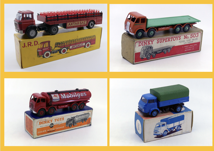 JRD - Berliet Tak semi porte bouteilles Antargaz 132 - Dinky Toys GB - Foden Mk1 plateau 502- Dinky Toys GB - Foden 504 - C.I.J. - Saviem S7 ridelles bâché 4-76